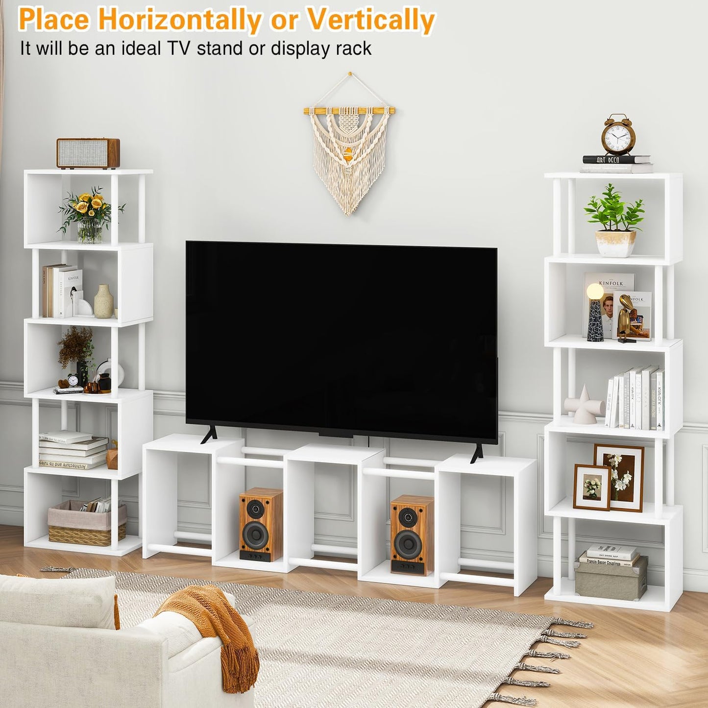 IBUYKE 6-Tier Tall Bookshelf,S-Shaped Geometric Bookcase, Wood Display Shelves with Storage,Modern Bookshelf for Living Room Bedroom, Home Office, White WBC016W