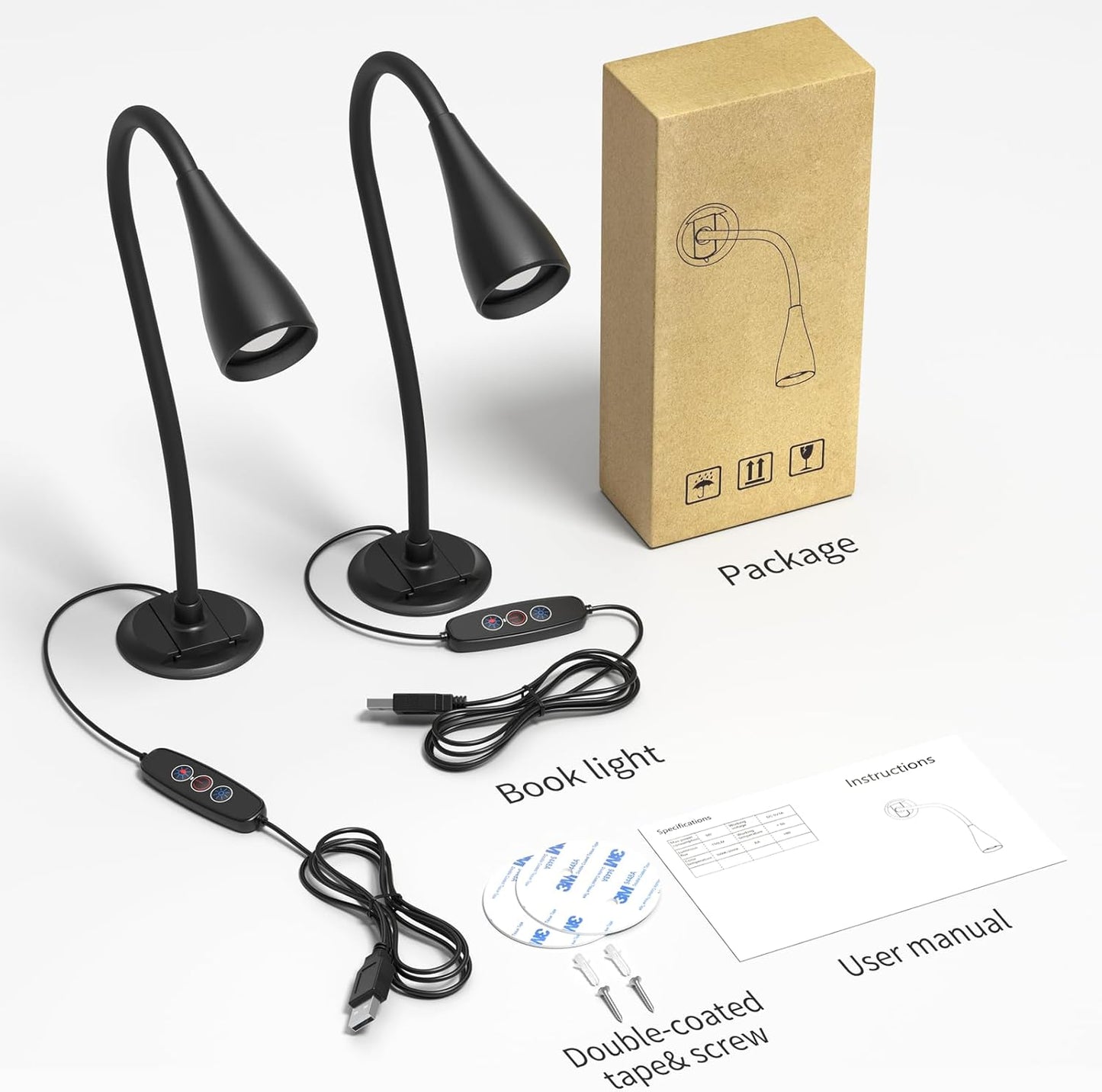 Book Light for Reading at Night in Bed, Wall Mount Reading Light for Bedside,Headboard, Eye Care LED, 5 Color & Brightness Dimmable, Flexible Gosseneck, 2 Pack