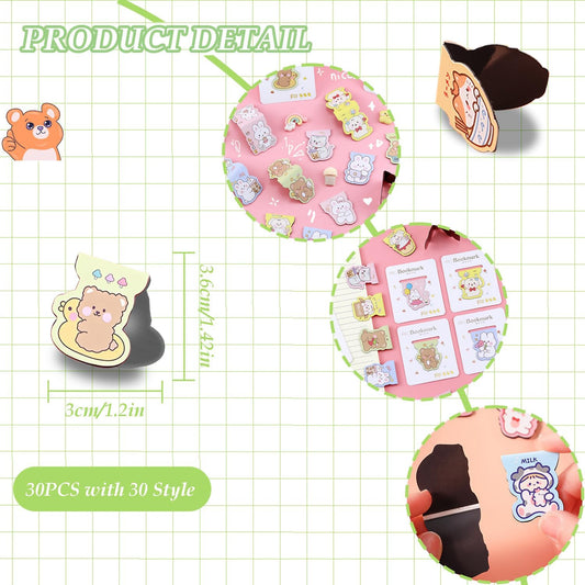 30PCS Cute Magnetic Bookmarks, Magnet Book Markers with 30 Patterns, Kawaii Girls Animals Page Clips, Cartoon Bookmark for Women Home Office Supplies