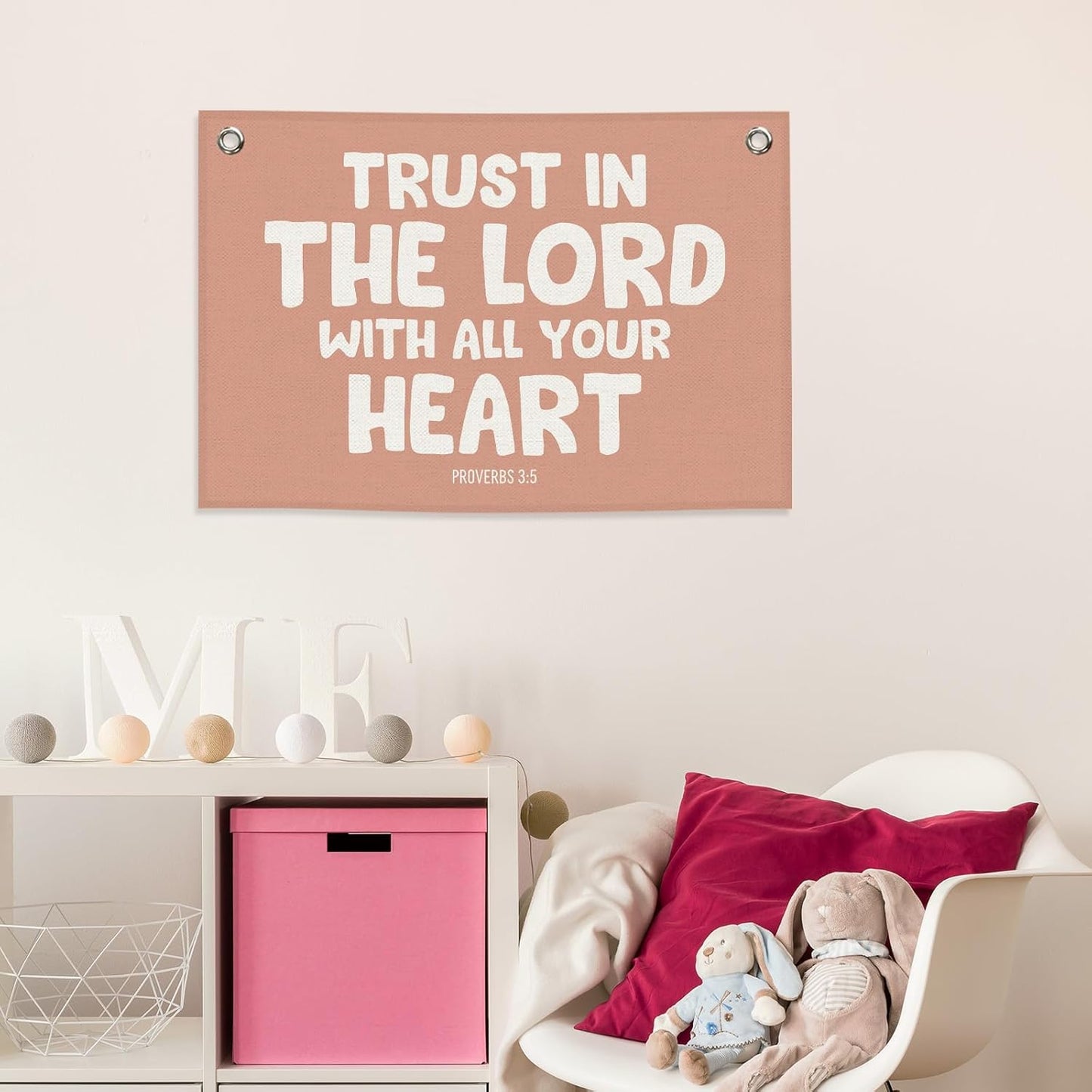 Christian Kids Banner Canvas, Scripture Trust in The Lord Toddler Room Decor, Positive Bible Verse Hanging Flag Sign, Nursery Boho Wall Tapestry Art for Playroom Bedroom Classroom 20x30in