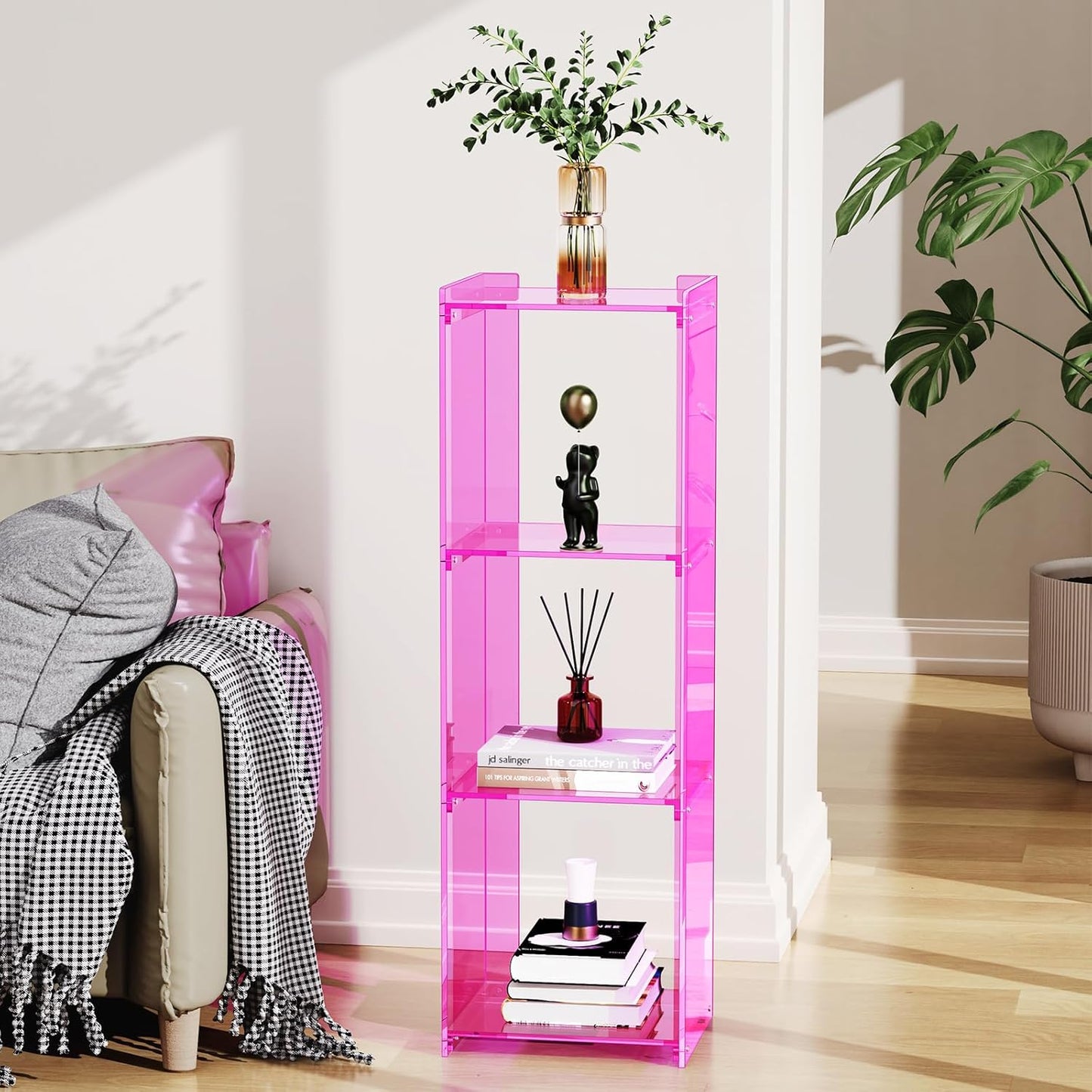 Acrylic Bookcase Small Narrow Shelf Bookshelf Corner Bookshelf Freestanding Tall Skinny Storage Organizer Rack, for Living Room, Kitchen, Bedroom 43.3" H (Pink)