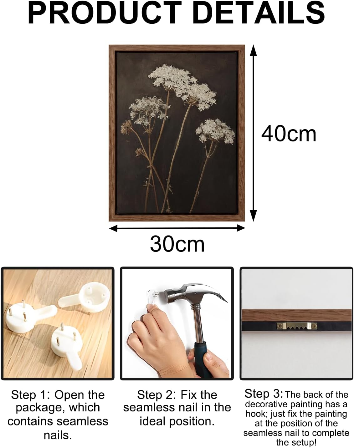 Vintage Framed Wall Art 12x16 Inch – Moody Botanical Still Life Artwork with White Dried Wildflower Oil Painting – Dark Academia Rustic Floral Wall Decor for Bedroom, Living Room