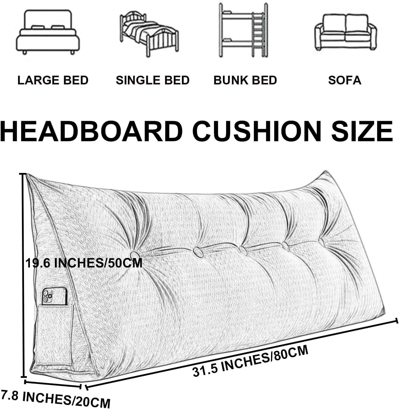 Reading Wedge Pillow,Velvet Headboard Cushion Triangular Backrest,Solid Color Bed Rest Bolster Daybed Bunk Bed Dorm Cushion with Removable Cover(Size:80 * 20 * 50 cm,Color:Silver Gray)