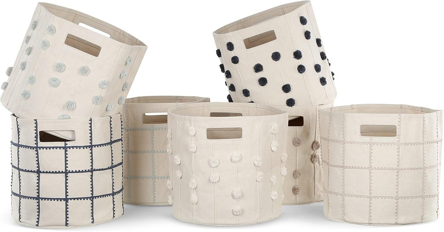 MakeMake Organics Storage Bins for Kids Nursery Bin Organizer (13"x12") Laundry Basket for Closet, Decorative Floor Storage Basket Canvas Fabric Storage Basket (Pompom - Ivory)