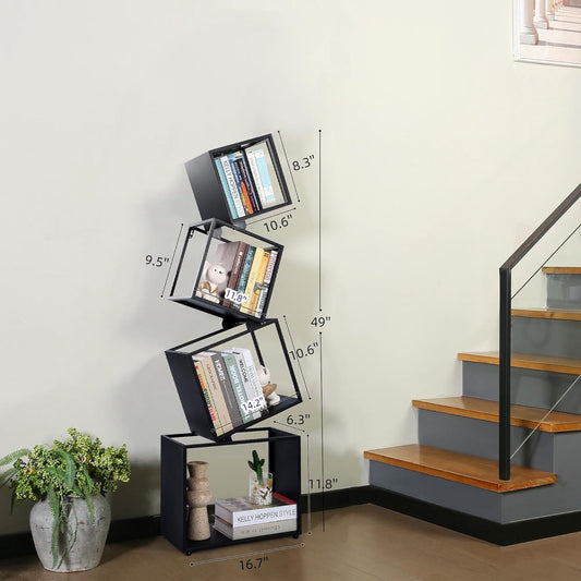Geometric Book Shelf 4 Tier, Black Metal Bookshelf 49 Inch, Mordern Narrow Bookcase, Skinny Corner Bookshelves for Bedroom, Living Room, Office, Home Decor