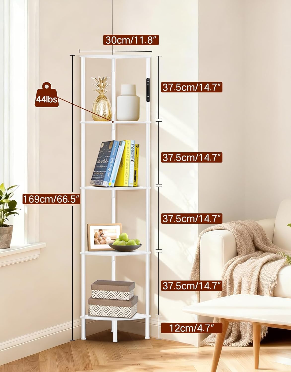 5-Tier Corner Bookshelf with LED Lights, Touch & Remote Control, 3 Color Temperatures, Dimmable Narrow Display Shelf with 1-Hour Timer for Living Room, Bedroom, Office (White)