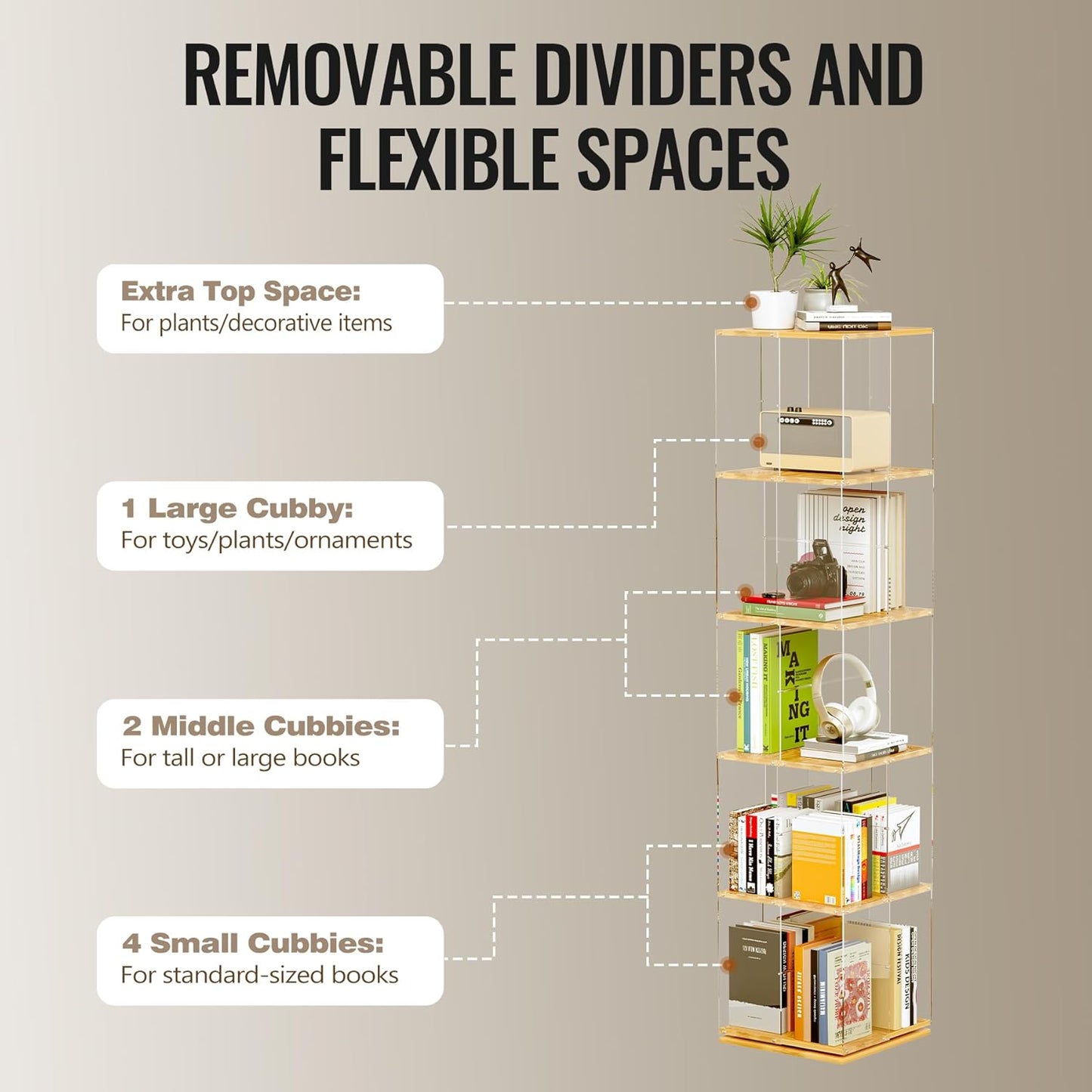 5-Tier Rotating Bookshelf, 360° Spinning Book Shelf Tower with Solid Wood & Clear Acrylic, Square Revolving Bookcase for Kids Room, Living Room, Bedroom and Office