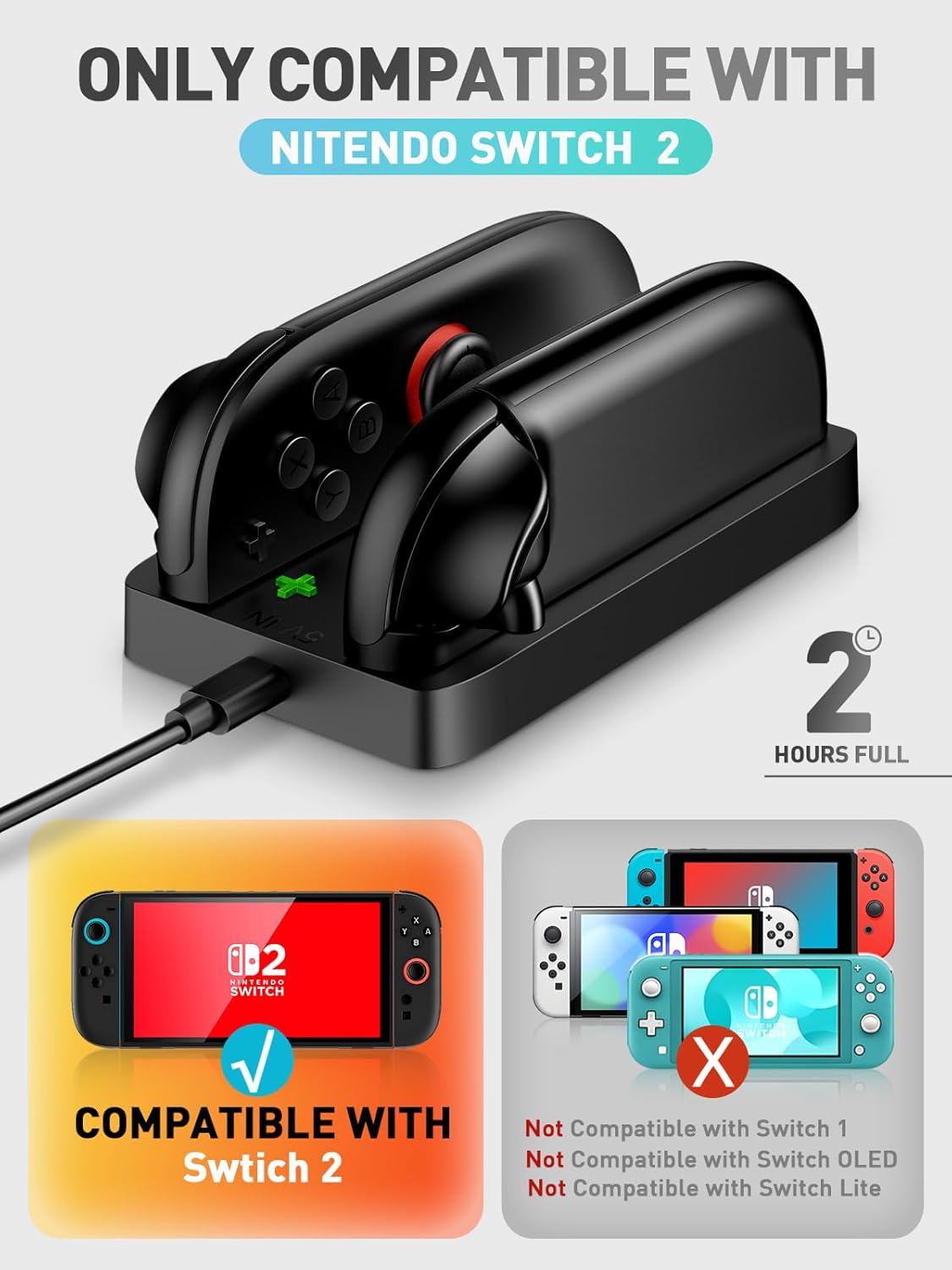 i-Blason Charging Dock Compatible with Nintendo Switch 2 for JoyCon Controller, Portable Slim Small Lightweight Minimalist Charger Station with Charging Cable & LED Indication
