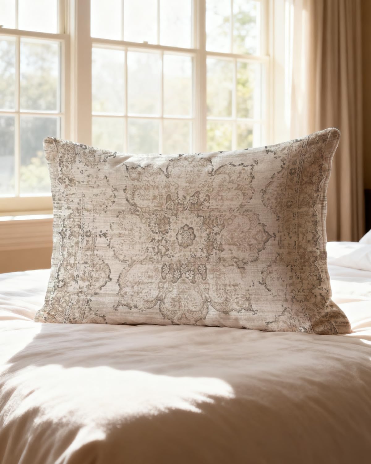 Lumbar Pillow Cover 12x20 – Neutral Boho Medallion Rug Pattern Cushion Cover, Vintage Distressed Beige Throw Pillow Case for Couch, Sofa, Bed, Farmhouse Decor