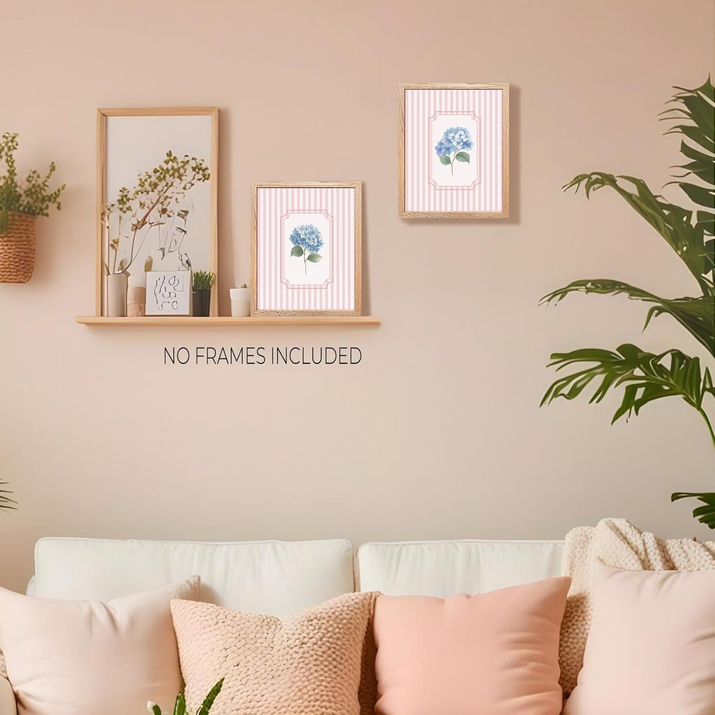 Foritho Pink Striped Blue Hydrangea Floral Wall Art Prints 8x10 Set of 4, Grandmillennial Blue Flower Botanical Wall Decor Pictures Posters for Girls Bedroom Home Living Room, Unframed
