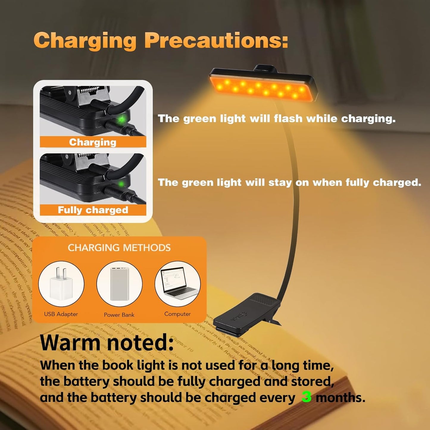 VAVOFO Rechargeable Book Light Rotatable:24 LEDs Reading Light, 3-Color & 9-Brightness Book Lamp, Eye Cared 120Hrs Runtime Lightweight Clip on Led Light for Book Lovers (Black)