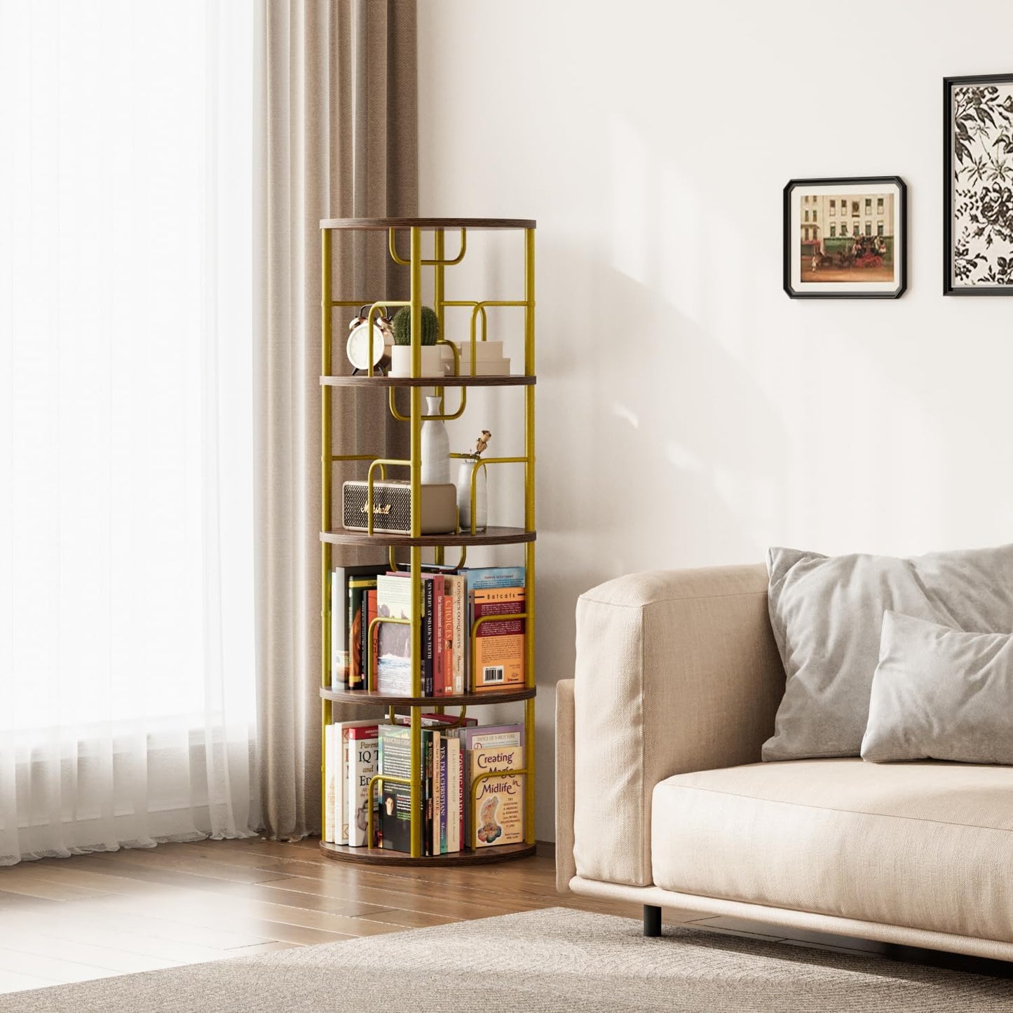 APPOLYN 4 Tier Rotating Bookshelf, 360 Display Spinning Corner Bookshelf, Space Saving Metal Frame Bookcase for Living Room, Office, Bedroom, Gold