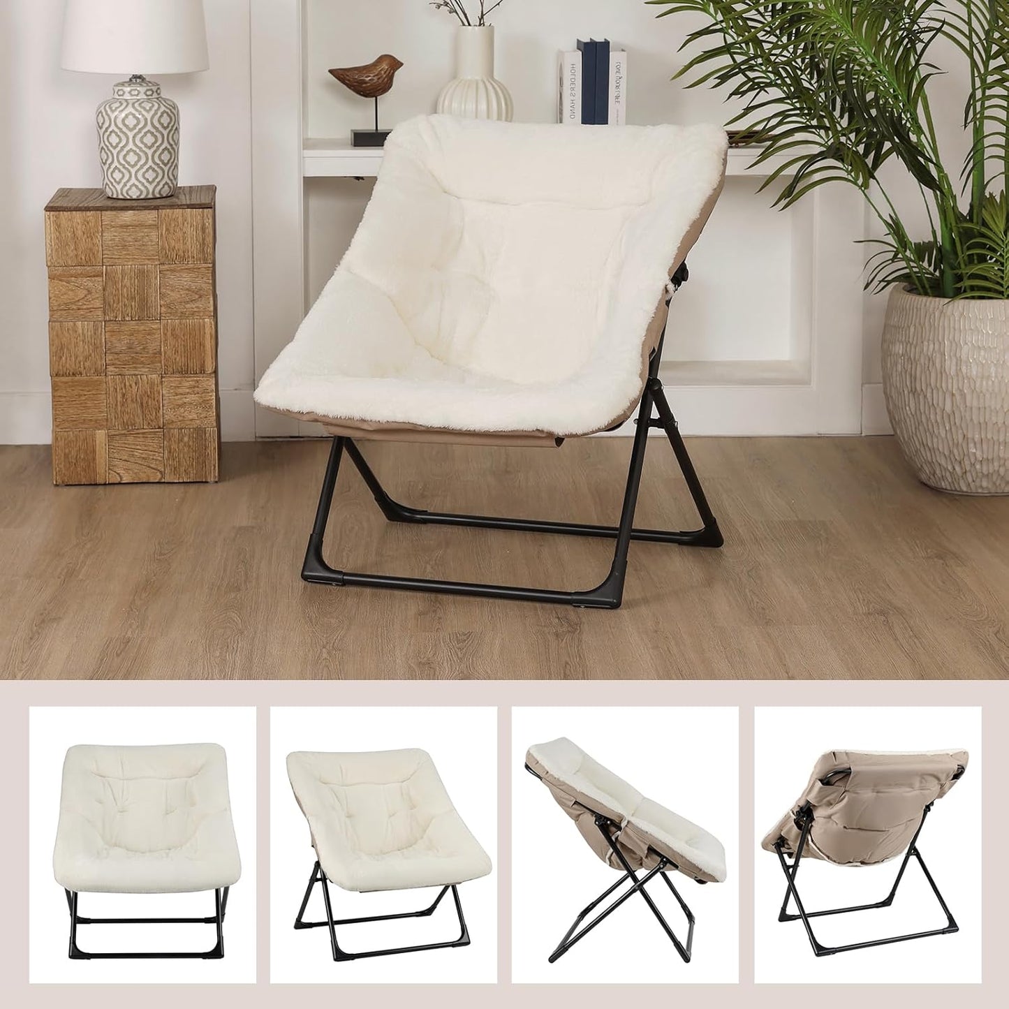 Comfy Saucer Chair for Adults, Soft Faux Fur Bedroom Chair, Accent Dorm Chairs, Flexible Living Room Reading Chairs, Oversized Folding Seat for Teens, X-Large, Beige