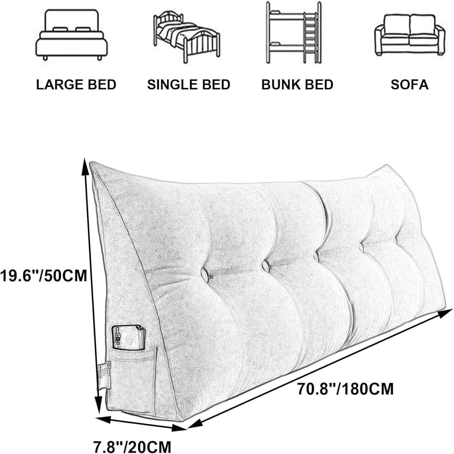 Triangular Headboard Wedge Pillow Triangular Headboard Backrest Cushion, Headboard Reading Backrest, Sofa Bed Upholstered Double Tatami Pillow with Removable Pillowcase
