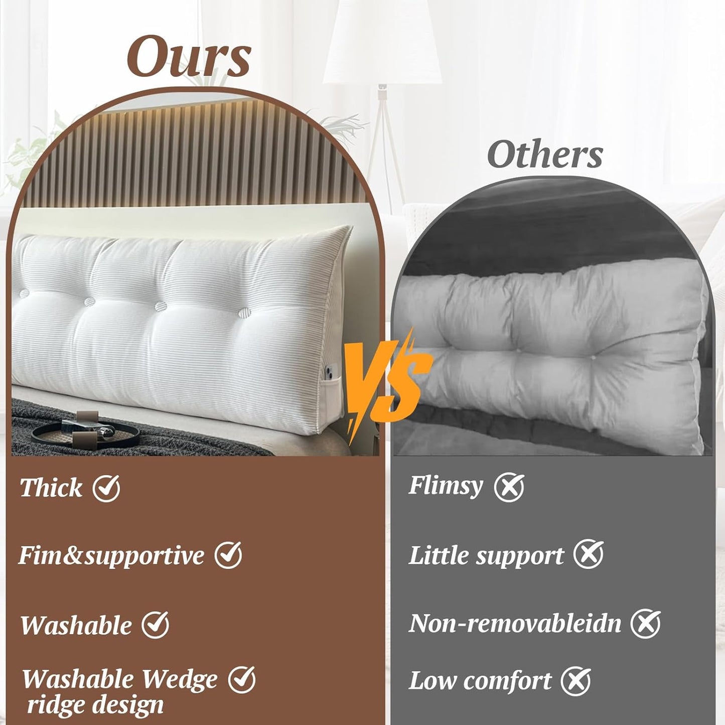 Djft Wedge Headboard Pillow, Bed Backrest Reading Cushion with Removable Cover, Large Sitting Support Pillow with Side Pockets (White, King 76in)