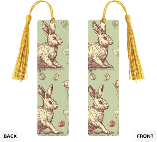 Rabbit Pattern Bookmarks Gifts for Women Men, Wooden Bookmarks for Book Lovers, Vintage Book Marks Ornaments with Tassel, Unique Personalized Reading Page Markers Gold