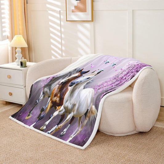 Feelyou Boys Horse Sherpa Blanket Cherry Blossom Branches Kids Women Lavender Purple Fleece Throw Blanket Girls Teens Galloping Horse Fuzzy Blanket for Sofa Bed Couch Animal Decor,Twin 60x80 Inches