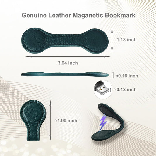 2 Pcs Leather Magnetic Bookmarks, Genuine Leather Strong Magnet Book Clips for Reading, Page Markers for Women Men Book Lovers Readers, Page Holder for Keeping Books Open (Green)