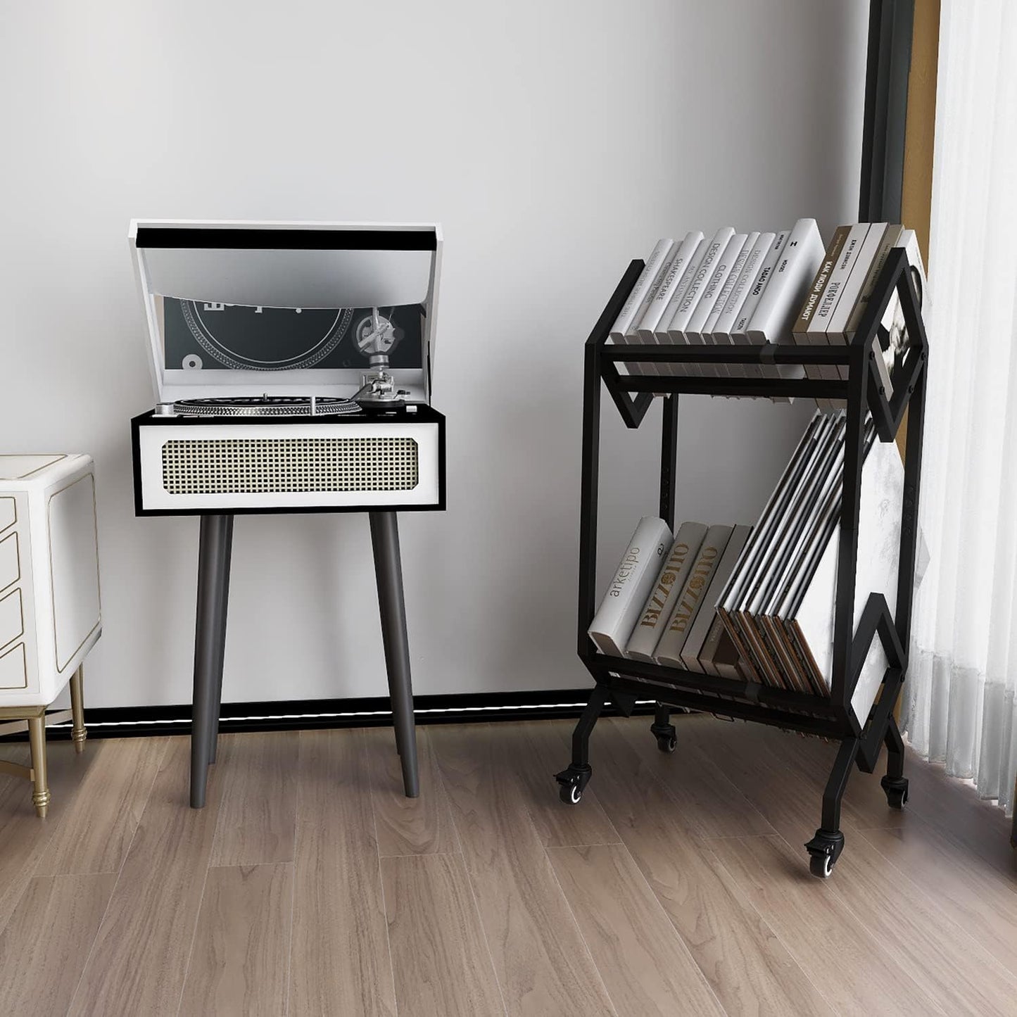 VEDECASA Bookshelf Book Rack Industrial Metal Bookcase 2 Tier Holder with Wheels Modern Stylish Design Magazines Files Album Recipe Book Storage Organizer for Sofa End Bed Beside