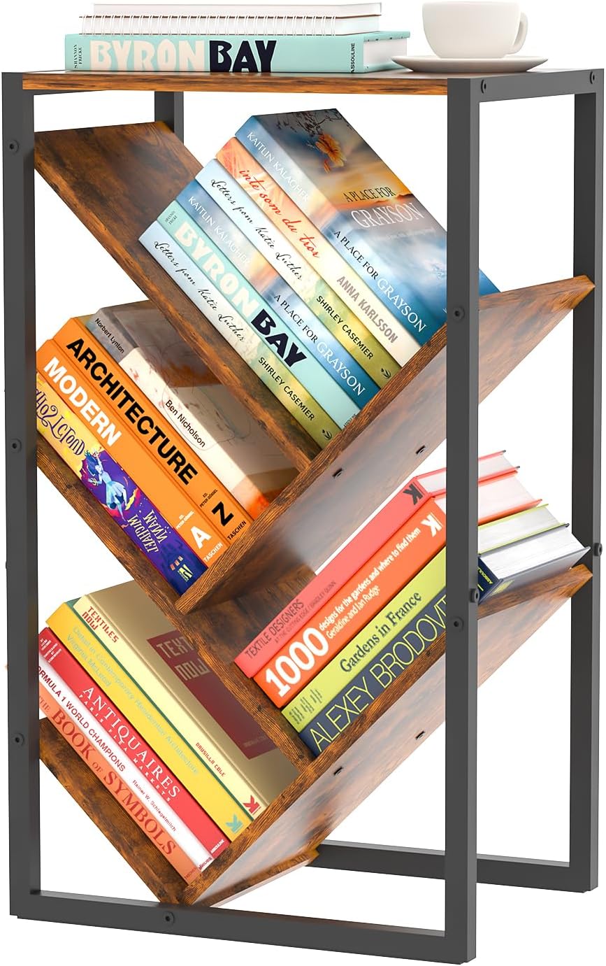 Small Bookcase - 5 Tier Tree Bookshelf with EVA Pads, Book Shelf for Small Spaces Bookshelves Wooden Book Storage Organizer Shelves for Hardcover Books Bedroom Living Room, Patent Pending