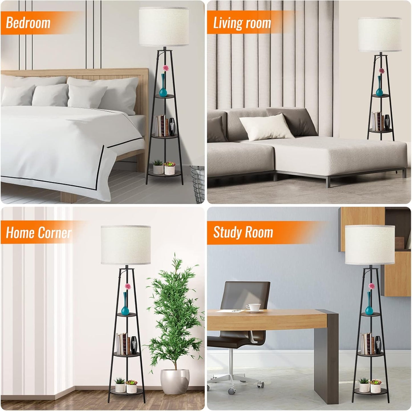 Floor Lamp, 3-Tier Round Corner Shelf Floor Lamp with 3 Dimmable Levels - Simple Standing Lamp with White Fabric Shade, Tall Modern Floor Lamps with Shelves for Bedroom, Living Room and Office