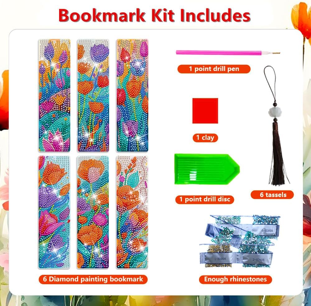 6 PCS Diamond Art Bookmarks Tulip, DIY Acrylic Diamond Painting Bookmarks Kits for Adult Reader and Crafts Lovers