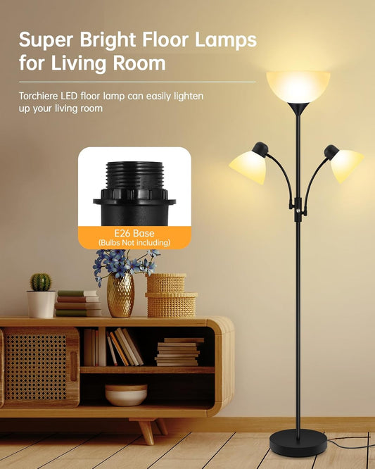Floor Lamp, Torchiere Floor Lamps for Living Room, 71 Inch Tall Standing Lamp, Bedroom Lamps with Reading Light, Rotary Switch, 3 Plastic Lampshade, Torch Floor lamps for Bedroom (Black, No Bulb)