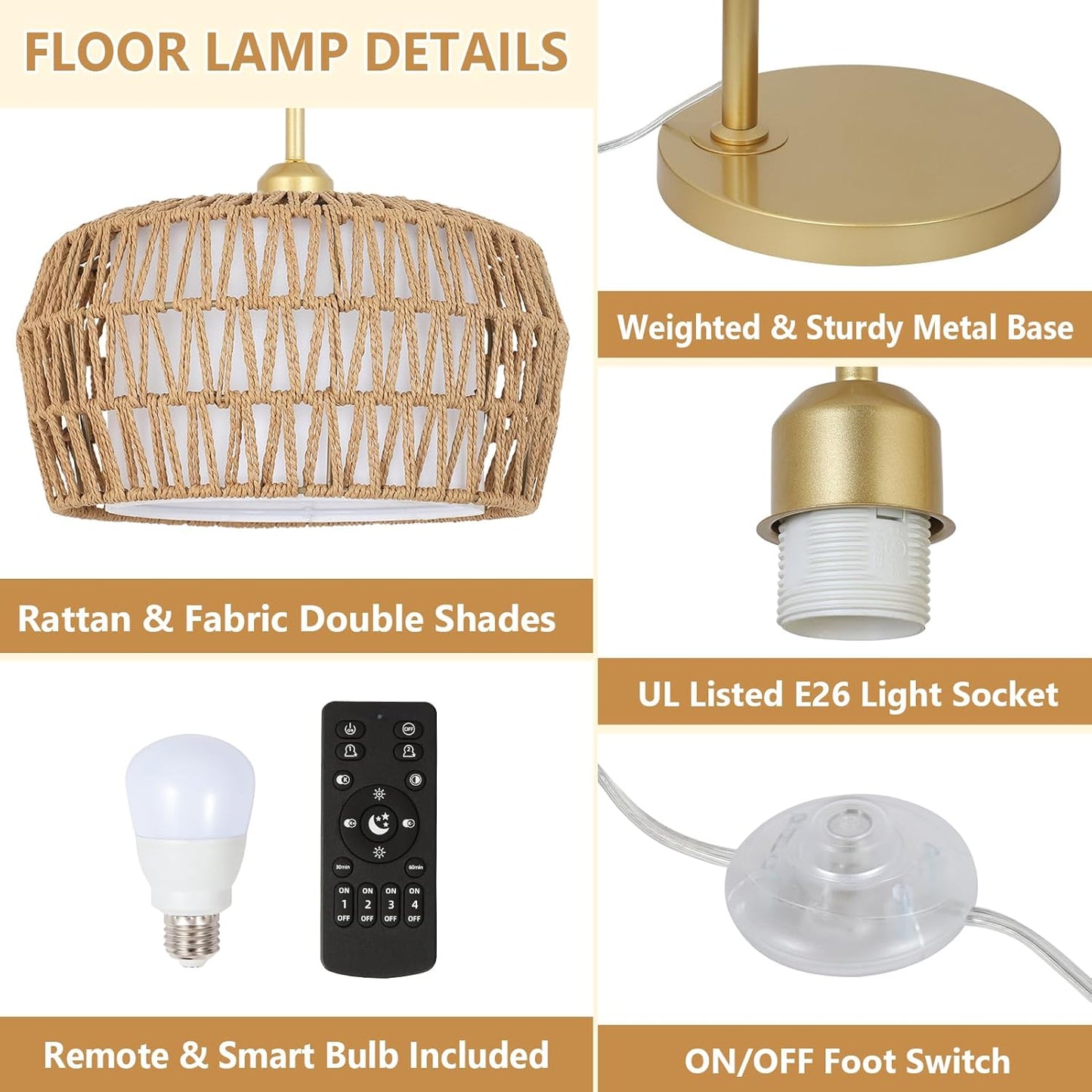 Gold Floor Lamps for Living Room, Boho Rattan Floor Lamp with Remote and Dimmable Bulb, 3 Color Temperatures, Modern Arc Standing Lamp with Wicker Shades, Farmhouse Tall Lamp for Bedroom
