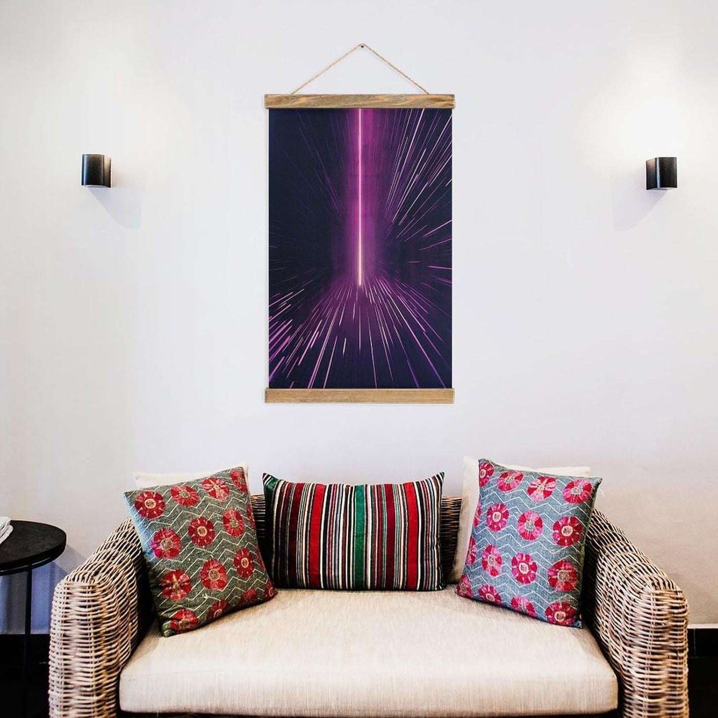 Vintage Purple Rays Poster with Wooden Frame Personalized Linen Hanging Scroll Painting Rustic Wall Hanging Illustrative Modern Artwork Decor for Home Living Room Bedroom Office