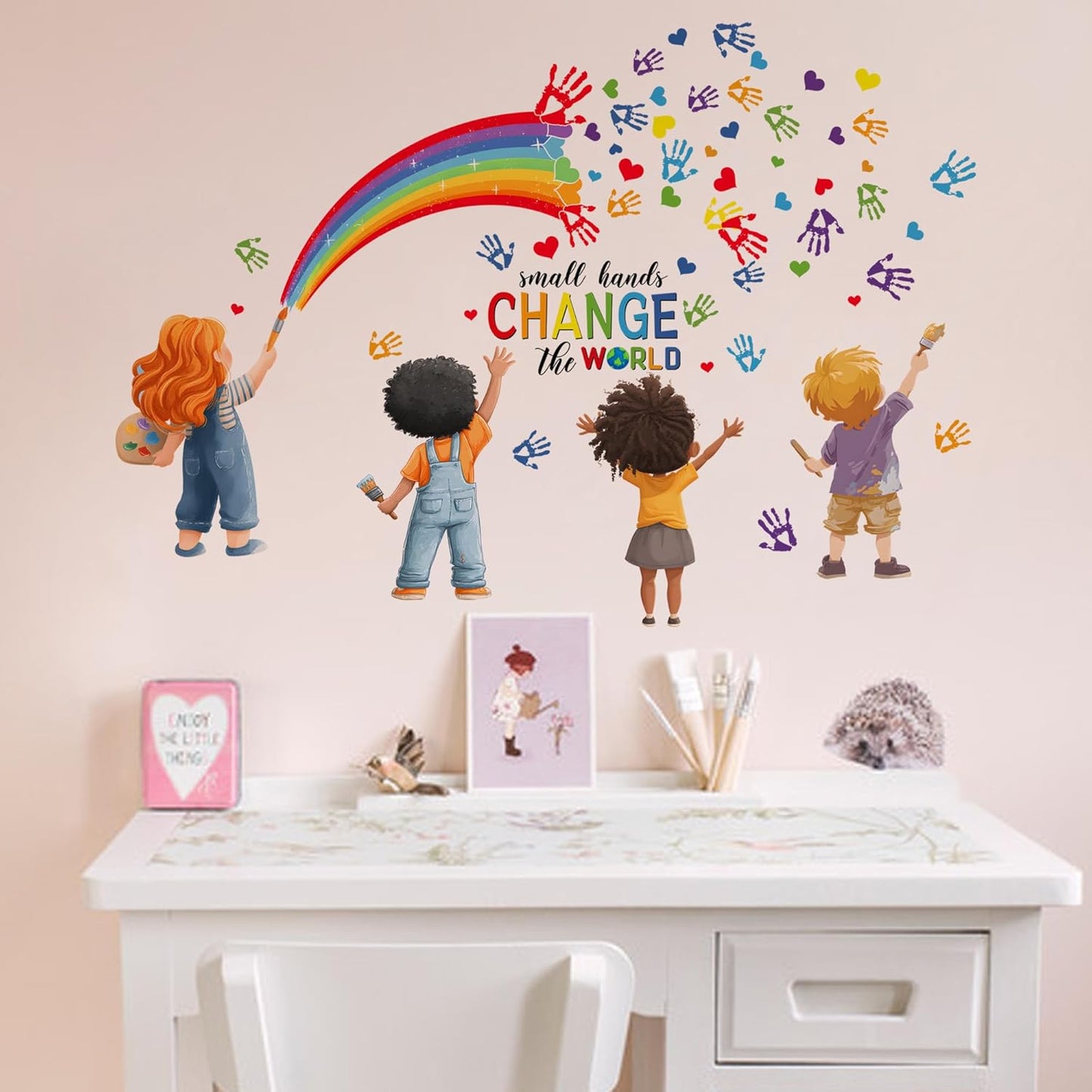 Small Hands Change The World Equality Wall Decal,Peel and Stick Inspirational Quote Rainbow Art Wall Sticker Decors,for Kids Bedroom Nursery Playroom Classroom Library Reading Corner Decoration