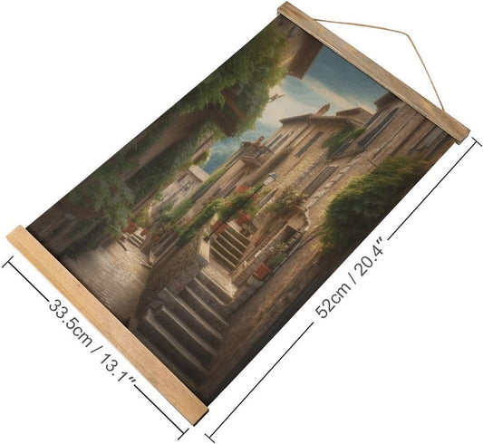 Vintage Italy Tuscan Poster with Wooden Frame Personalized Linen Hanging Scroll Painting Rustic Wall Hanging Illustrative Modern Artwork Decor for Home Living Room Bedroom Office
