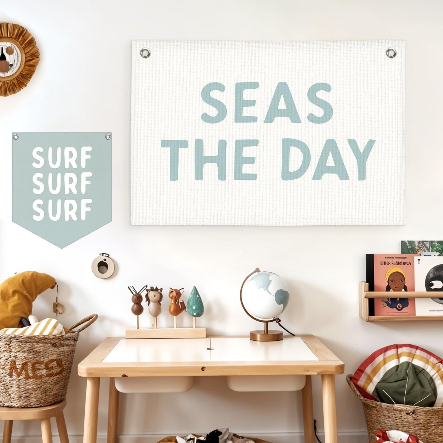 Lacama Beach Theme Wall Decor for Boys Room, Coastal Kids Playroom Nursery Hanging Sign, Seas The Day Linen Canvas Banner, Rustic Nautical Surf 30x20 Inch