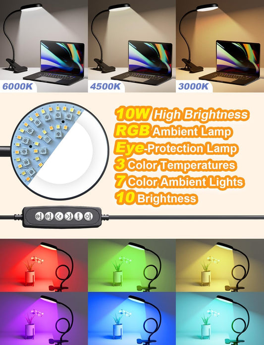 Desk Lamp with Clamp-10W,2-in-1 with RGB Ambient & Warm White Light,Book Reading Light Color Changeable/Flexible Gooseneck LED Lamps Clip on Bed Headboard and Computers 800LM-Black