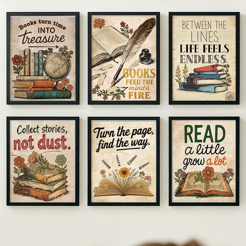 GOMAKERER 6 Pcs Vintage Book Wall Art Prints, Book Club Aesthetic Posters Reading Corner Decor for Bedroom Office Home Decorations, 8 x 10 Inch Unframed