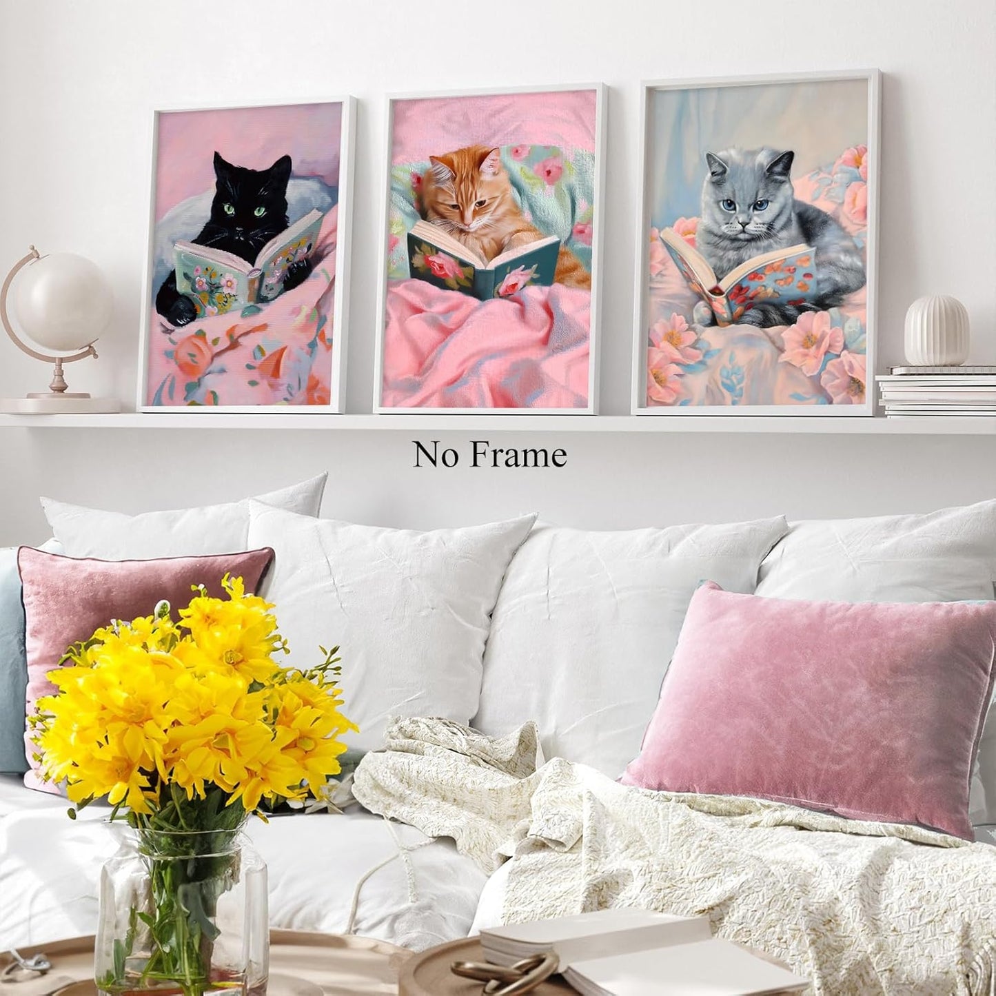 Cat Reading Book Poster Pink Cat Canvas Wall Art Funky Animal Art Prints Aesthetic Cute Paintings Animals Reading Books Wall Art Funny Pink Pictures Cute Trendy Funny Wall Print for Room 16x24in No Frame