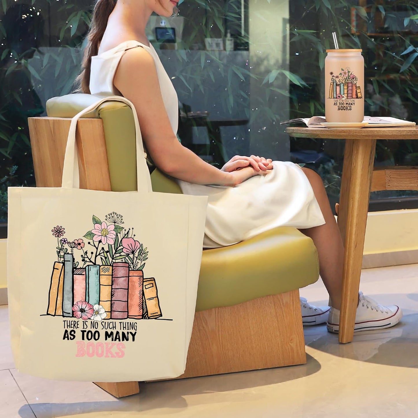 Fairy's Gift Book Lovers 캔버스 토트백 & 반투명 유리 컵 세트, 책 애호가를 위한 어머니의 날 생일 책 선물, 독자를 위한 선물, 여성 사서 교사, 독서 액세서리, 책벌레 선물