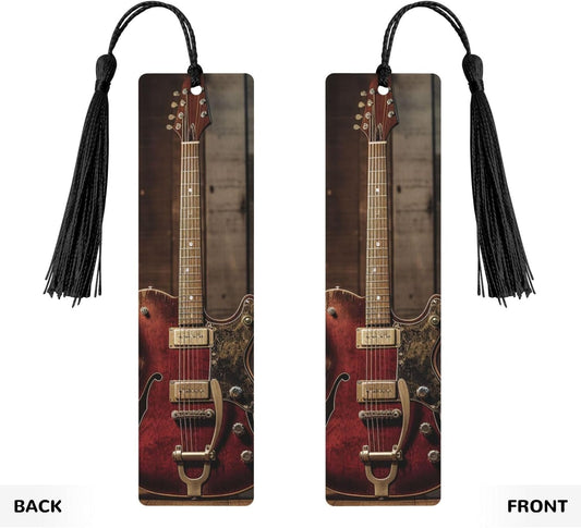 Vintage Electric Guitar Bookmarks Gifts for Women Men, Wooden Bookmarks for Book Lovers, Vintage Book Marks Ornaments with Tassel, Unique Personalized Reading Page Markers Black