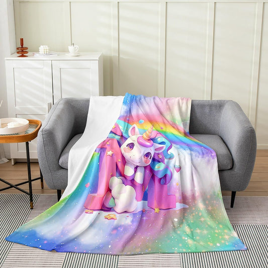 Kawaii Unicorn Kids Flannel Blanket,Shiny Stars Rainbow Cartoon Animal Throw Blanket,Alphabet 3D Initial Letter M Cozy Throws for Bed Couch Sofa,Chic Soft and Breathable,Throw Size (50 x 60 Inches)