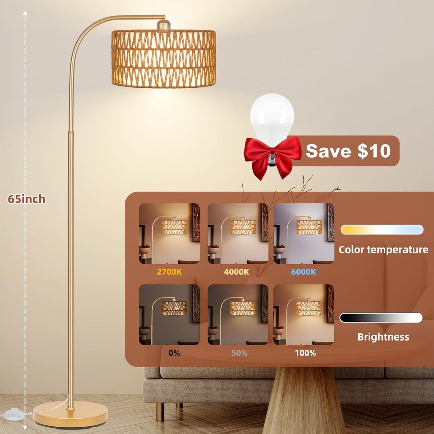 Gold Floor Lamps- Boho Floor Lamp for Room, Rattan Standing Lamps with Dimmable Bulb, Adjustable 2-in-1 Lampshades Arc Floor Lamp Over Couch Lamps for Living Room, Bedroom, Office