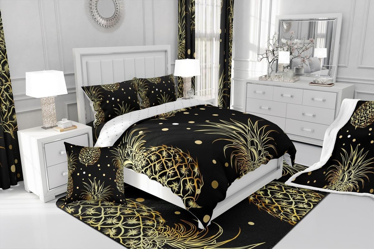Feelyou Pineapple Fleece Throw Blanket Black Gold Pineapple Printed Sherpa Blanket for Kids Boys Girls Polka Dot Decoration Luxury for Sofa Bed Couch Twin 60x80 Inch