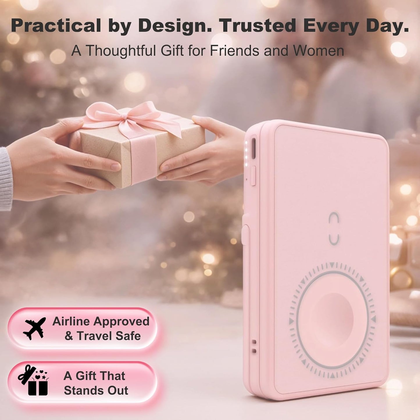 5000mAh Wireless Magnetic Power Bank, for MagSafe Portable Charger with Stand, Light Makeup Mirror, Bluetooth Selfie & USB-C Cable for iPhone17/16/15/14/13/12 Pink Travel Essential for Women