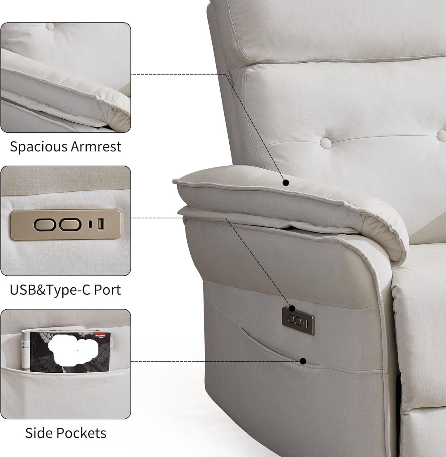 Power Recliner Chair with Wall-Hugging Design Fabric Motion Recliner Sofa with USB & Type-C Ports Side Pocket and Overstuffed Armrests Ergonomic Lounge Chair for Living Room Beige