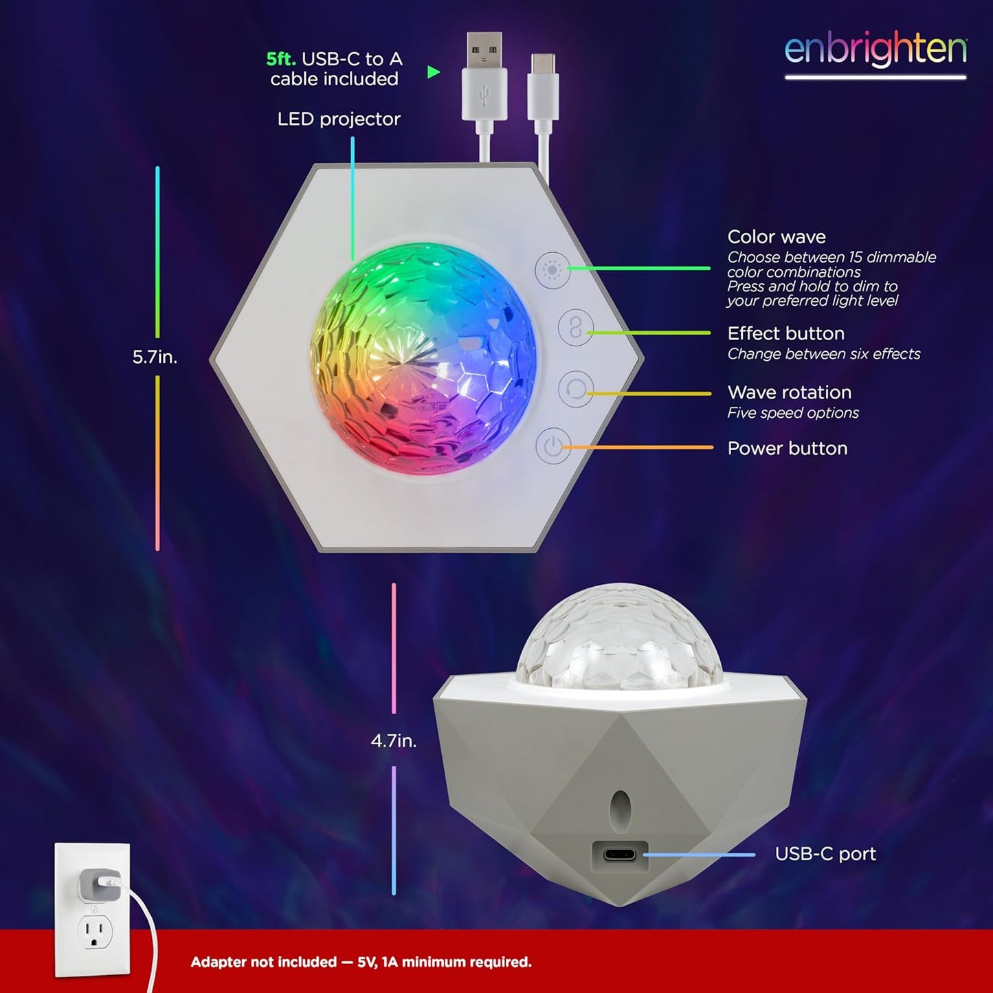 Enbrighten Galaxy Night Light Projector – Star, Aurora & Nebula Ceiling Projector with 15 Color Combinations – USB-C Powered Tabletop Light for Bedroom, Playroom, Game Room & Parties (70333)