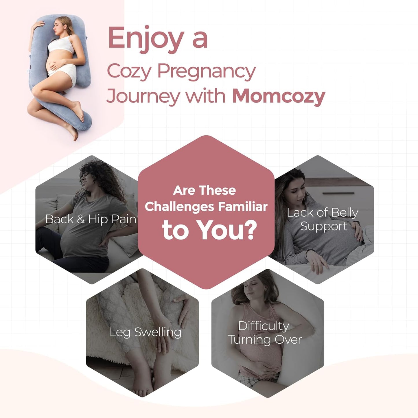 Momcozy Pregnancy Pillow for Sleeping, Dreamlign U Pro Maternity Pillow with Adjustable Leg Pillow, Removable Cover - Support for Back, Hip, Belly, Legs for Pregnant Women, 50-72 Inch Full Body Pillow