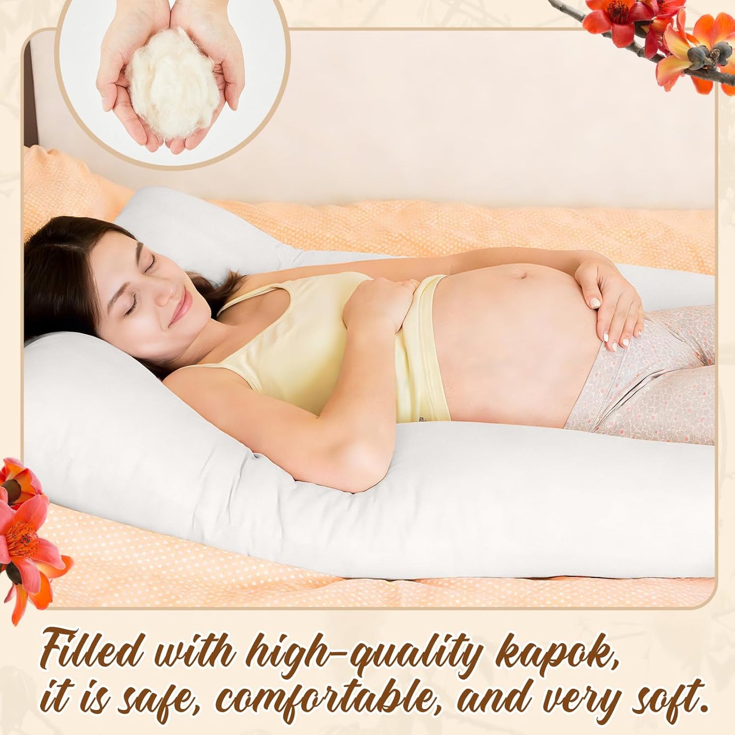 Leinuosen Organic Kapok U-Shape Pregnancy Pillow Natural Kapok Fiber Filled Maternity Pillows with Breathable Cotton Shell for Full Body Support, Hip & Back Pain Relief