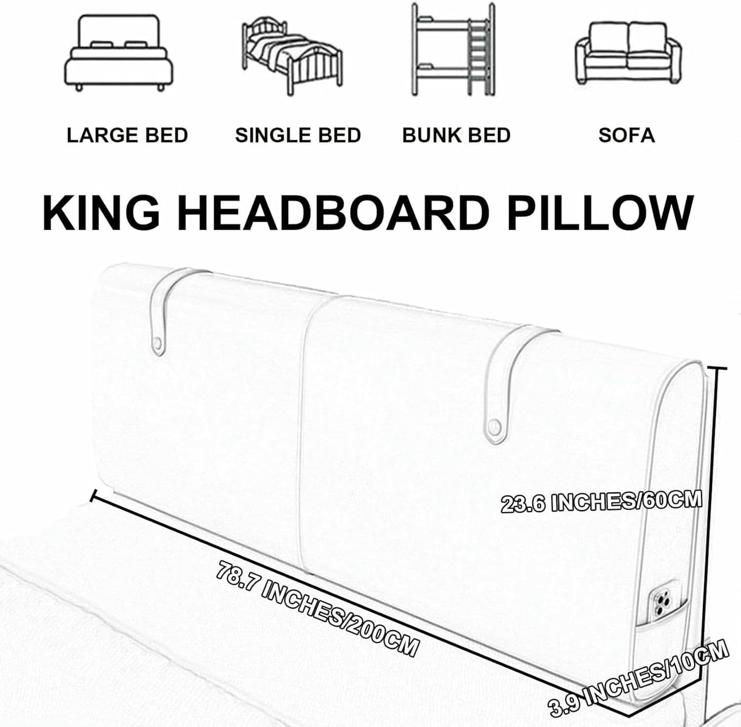 Faux Leather Headboard Upholstered Solid Color Support Pillowboard,Lumbar Cushion Large Backrest Bedside Cushion,Sofa Bed Bunk Bed Reading Pillow,Khaki,Straps 79"/King