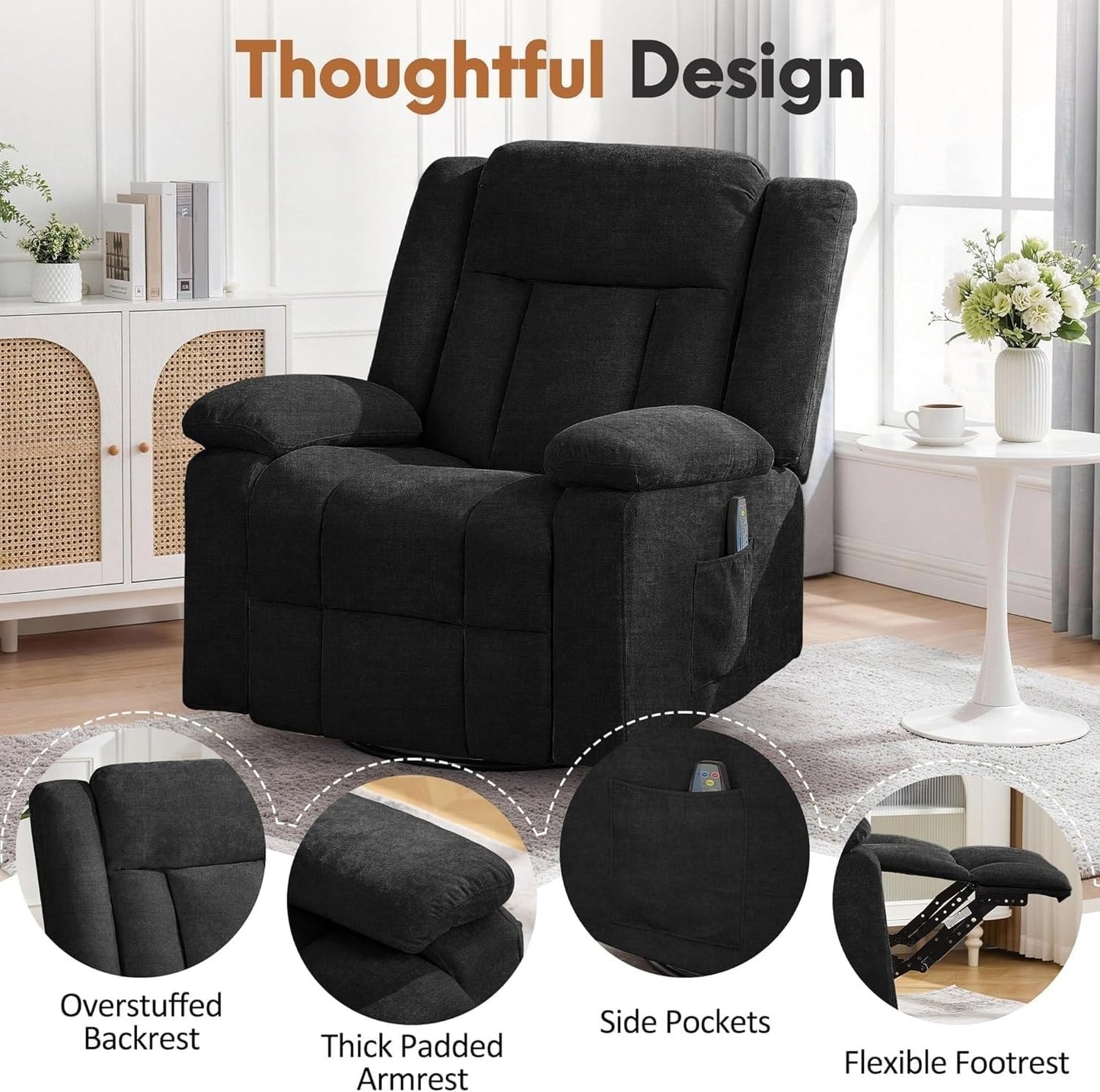 360 Swivel Rocker Recliner Chair with Massage and Heating Side Pockets Manual Reclining Chairs Remote Control for Living Room Bedroom Nursery