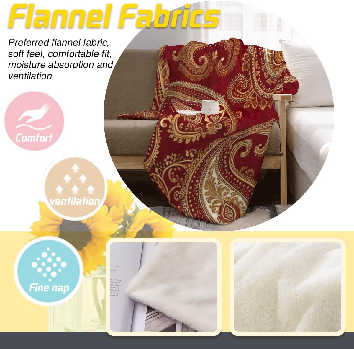Soft Throw Blanket Burgundy Red and Gold Paisley Pattern Print Floral Paisly Design Lightweight Blanket for Beds, Sofas & Couches - All Seasons Home Décor