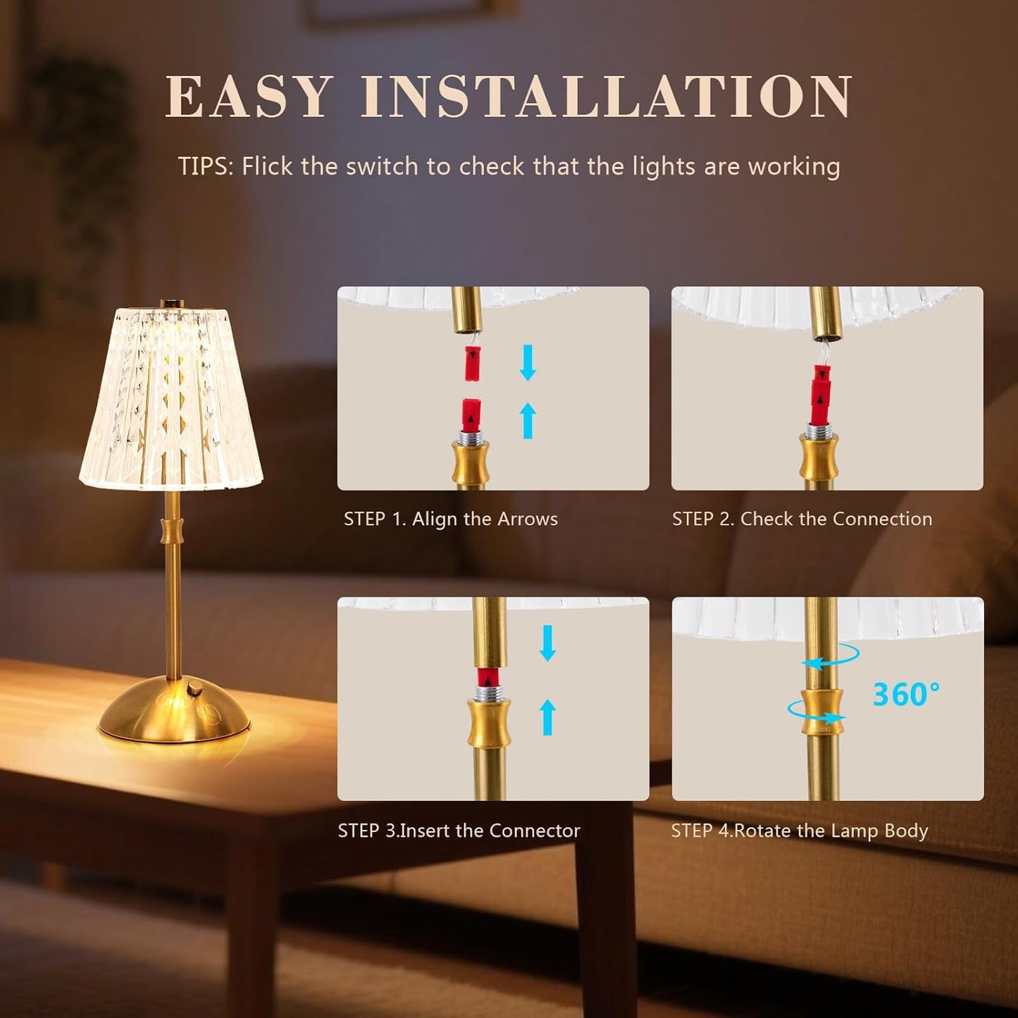 2 Pack Touch Cordless Table Lamp Rechargeable, 3600mAh Battery Operated Small Crystal Lamp, 3 Color Dimmable Vintage Gold Table Light for Bedroom/Kitchen/Gift for Home Décor (Vintage)