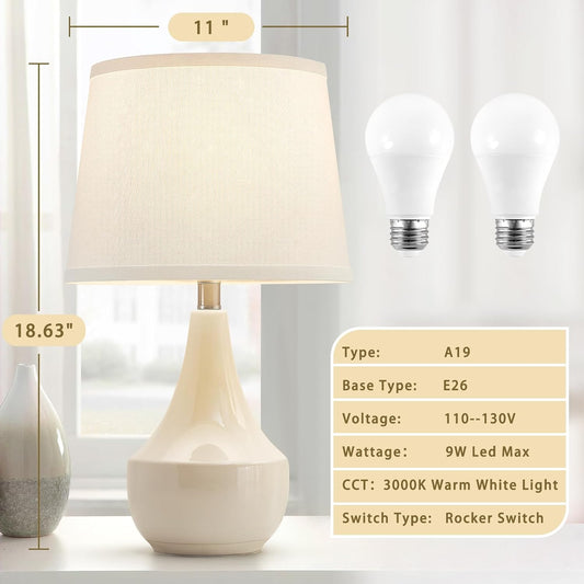 GyroVu 18" Table Lamp Set of 2, Ceramic Table Lamp Classic Beside Lamps Nightstand Lamp Modern Lamp for Living Room, Bedroom & Office Rocker Swtich Cream-LED Bulbs Included